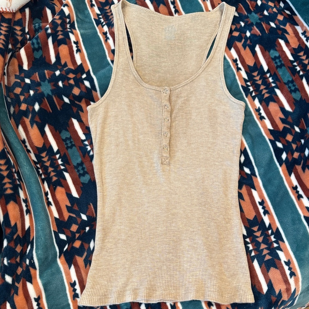 Aerie Real Soft Glitter Light Tan Ribbed Tank Top with Buttons